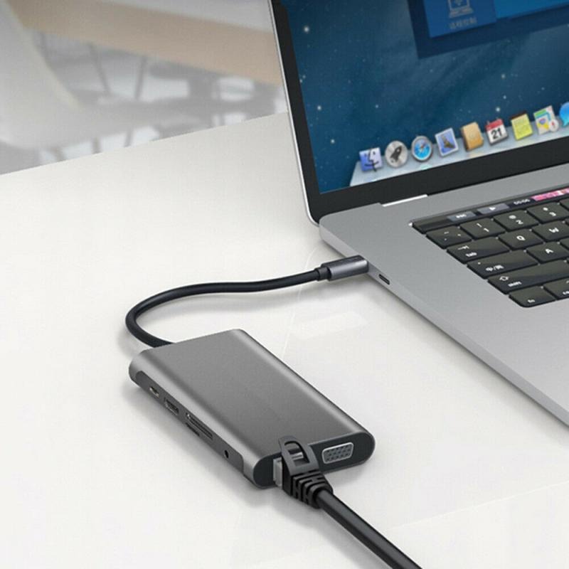 EASYIDEA Portable USB Type C Hub 10 in 1 HDMI + VGA + USB 3.0 + RJ45 + Card Reader + PD Charging - HB3004 - Gray