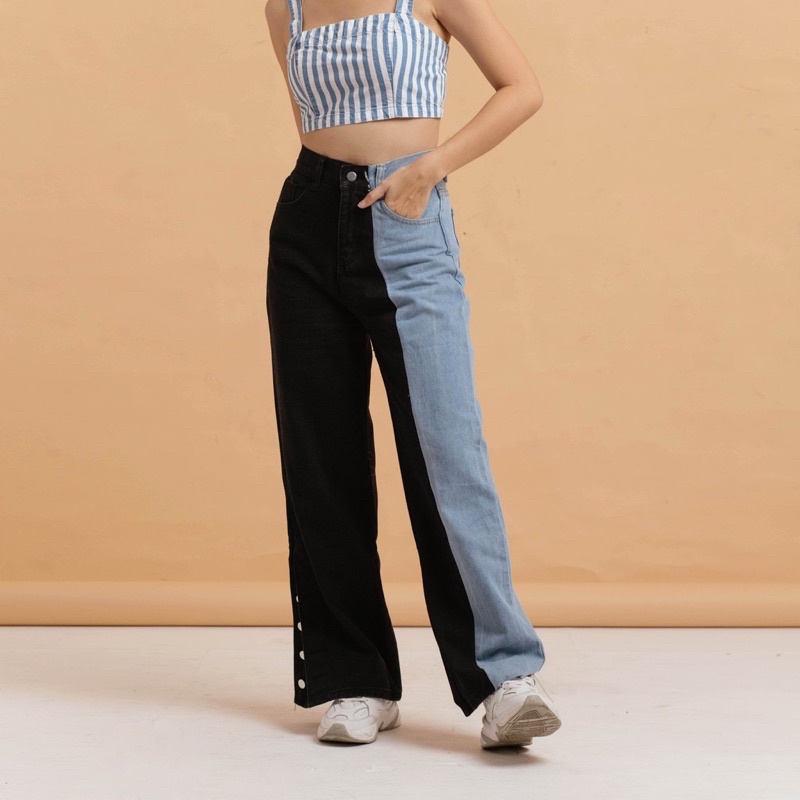Jeans two tone Korean Highwaist dua warna Biru dan Hitam