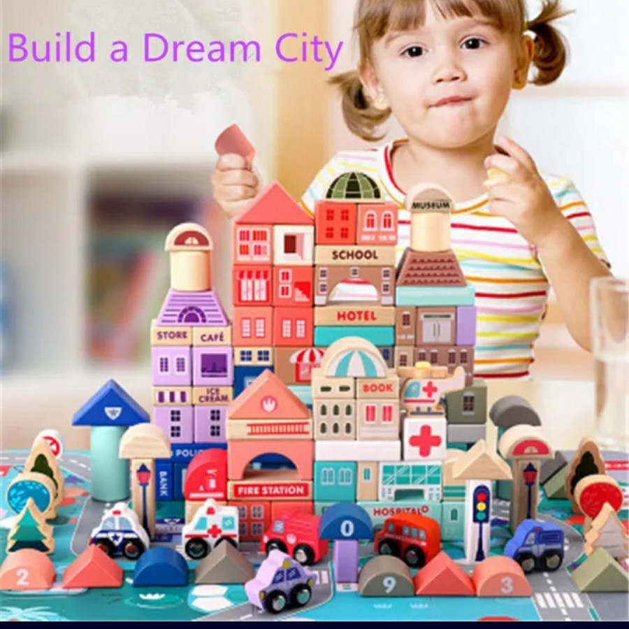 Mainan balok kayu magic color city building block 115 pcs