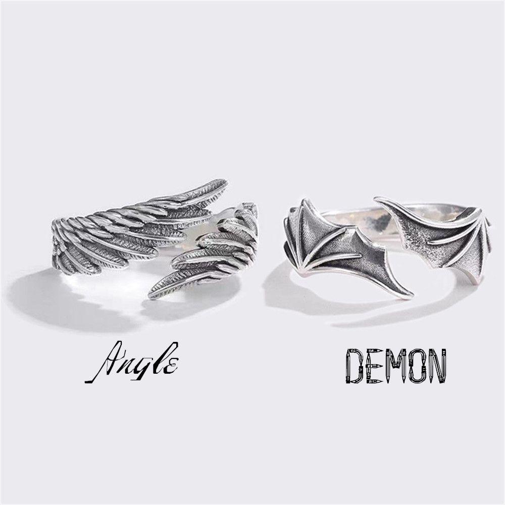 Nanas Malaikat Sayap Setan Wanita Pria Hadiah Cincin Terbuka Kekasih Punk Gothic Adjustable
