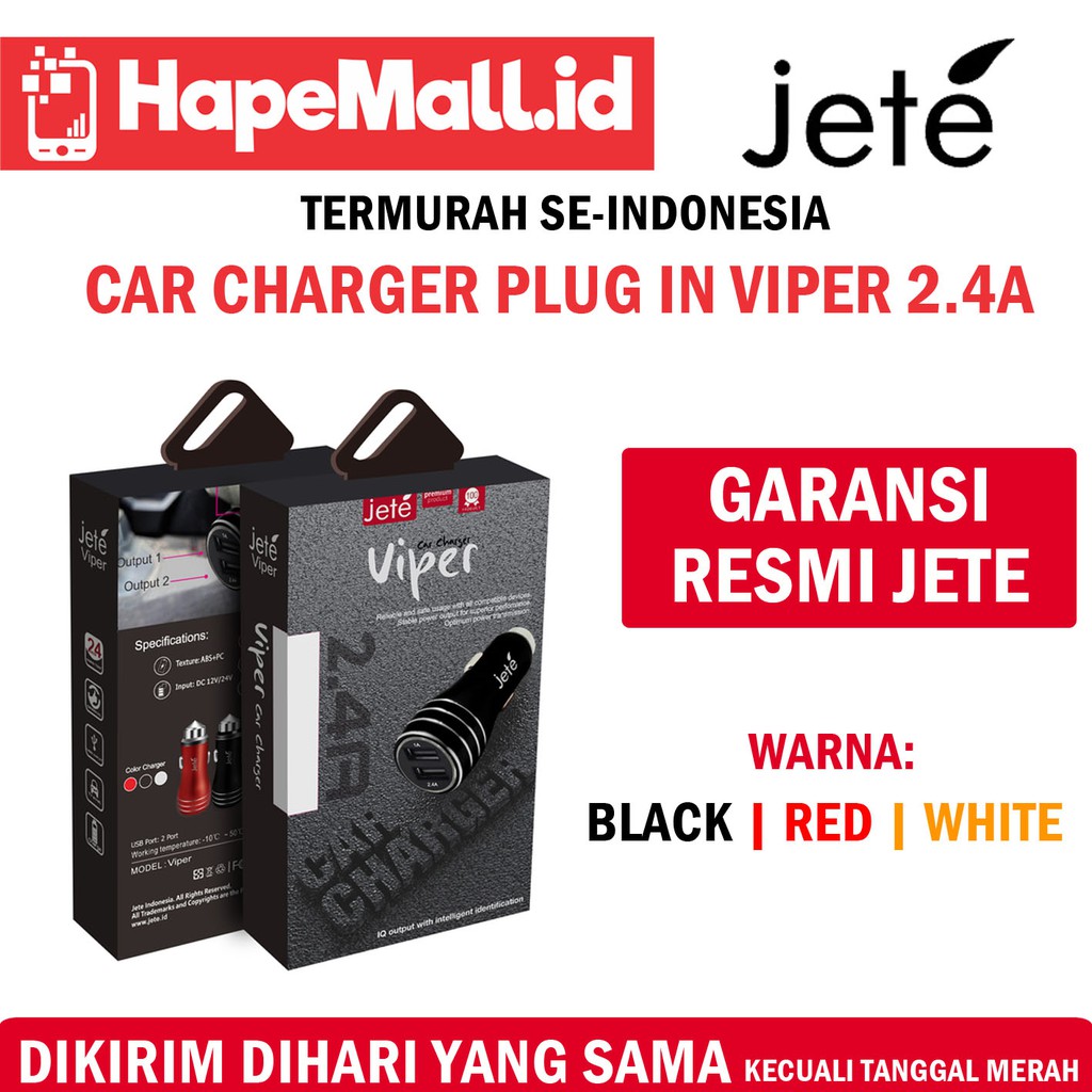 JETE CAR CHARGER PLUG IN VIPER 2.4A GARANSI RESMI JETE TERMURAH