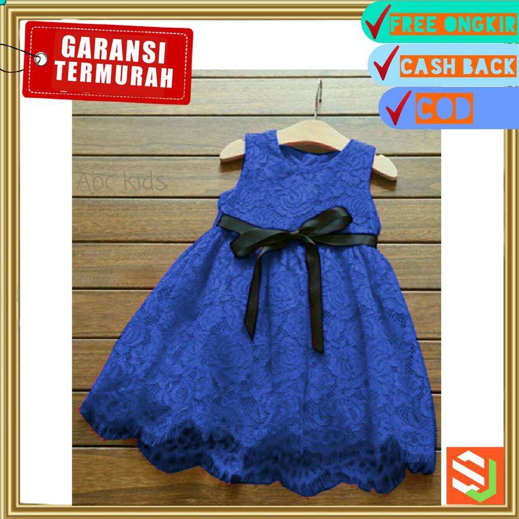 Baju Dress Gaun Natal Anak Cewe Cewek Perempuan Umur 2 3 4 Tahun Bahan Brokat Biru LISKIDS