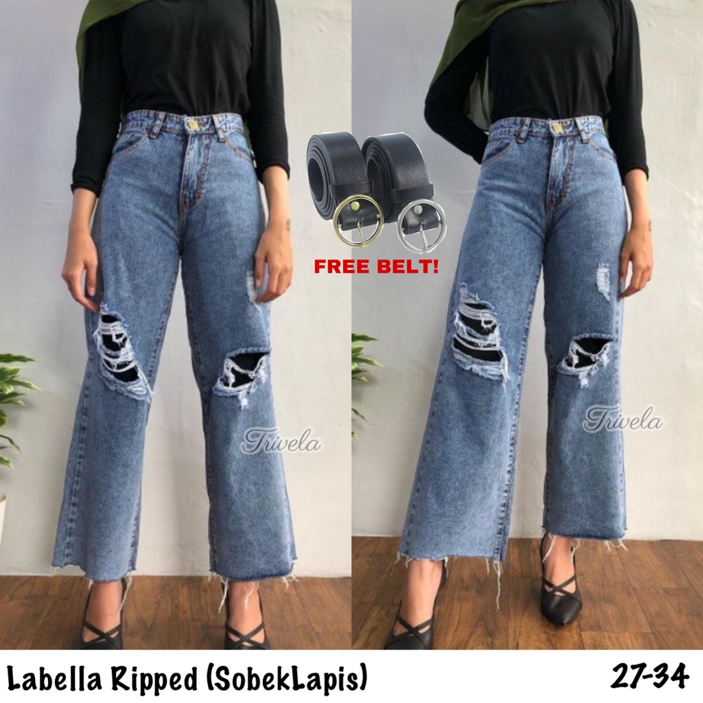 TRIVELA Labela Ripped Furing Jeans Cullote / Kulot Jeans Wanita Rawis Sobek Lapis Hitam