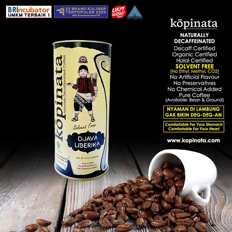 Jual kopi rendah kafein naturally decaffeinated kopinata java liberika