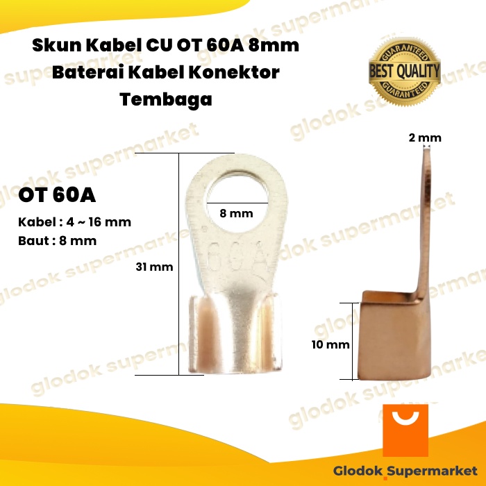 Skun Kabel CU OT 60A 8mm Baterai Kabel Konektor Tembaga