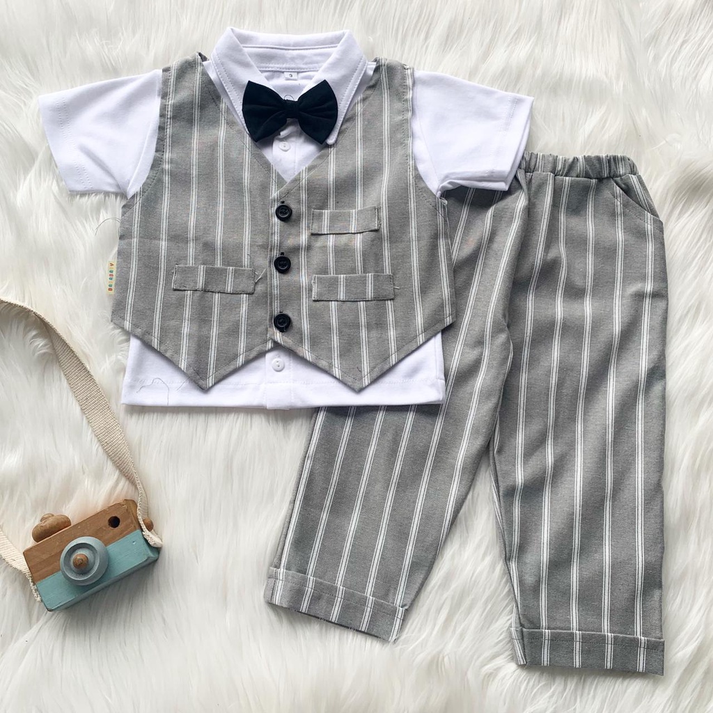 RAFFABY SECRET'S Set Baby Tuxedo Celana Panjang | Setelan Anak Laki laki | Baju Anak 1-7 Tahun-Abu Muda Stripe