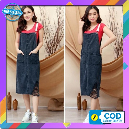 Overall Jumpsuit Kulot Hitam Gu [Overall Rok Jeans Snow Black Sobek Ro]Overall Wanita Jeans Hitam