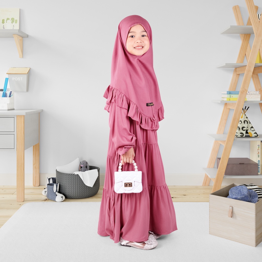 Set Gamis Rayya Ruffle Anak Usia 1 2 Tahun Terbaru Bahan Rayyon Polos Pink