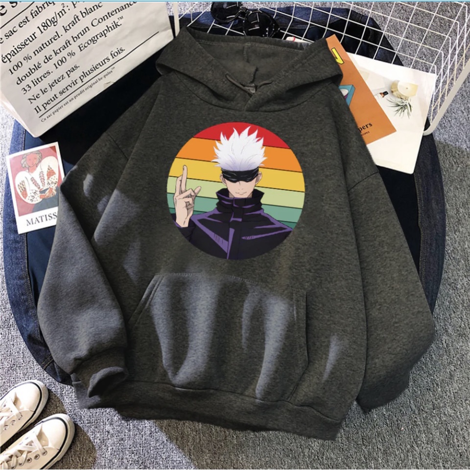 Sweater Hoodie Anime SATORU GOJO RAINBOW II SATORU GOJO RAINBOW Anime Jumper Hoodie II Sweter Oblong Topi Sz M - XL ( Pria &amp; Wanita / Anak &amp; Dewasa )