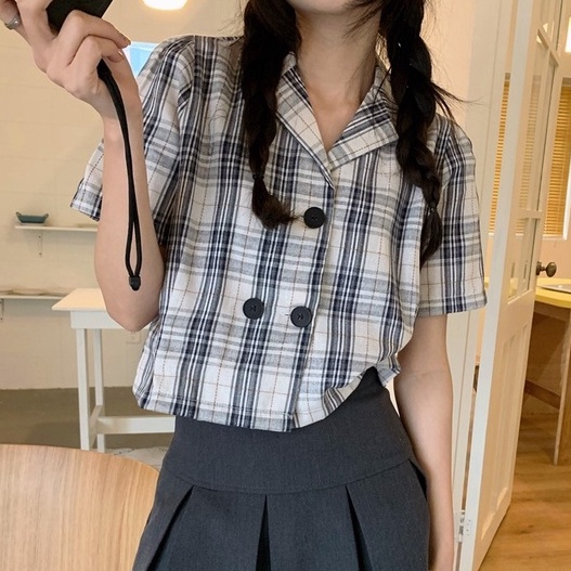 yikoo-Kemeja kotak-kotak kerah retro korea lengan pendek wanita