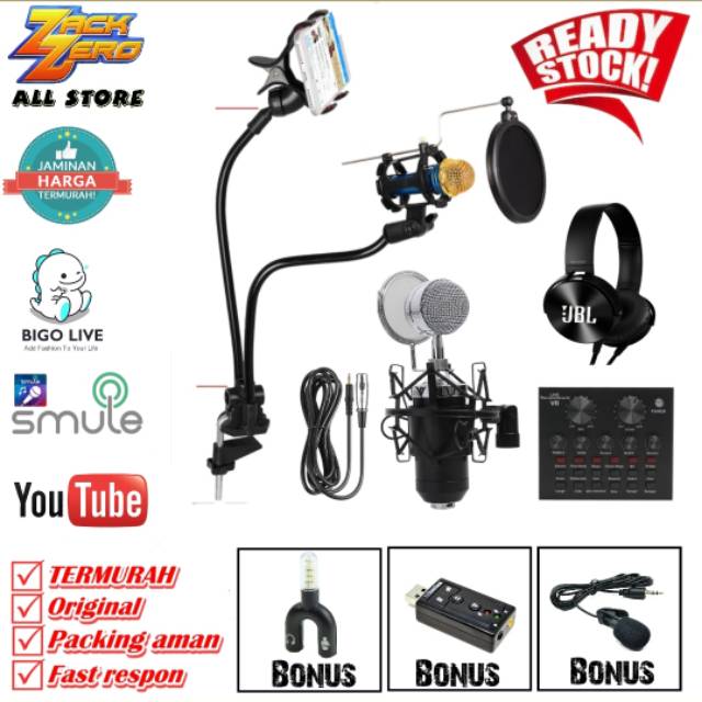 PAKET RECORDING MIC BM 8000 WITH STAND MIC FLEKSIBEL FOR, Smule , Bigo Live Youtube Vlogger