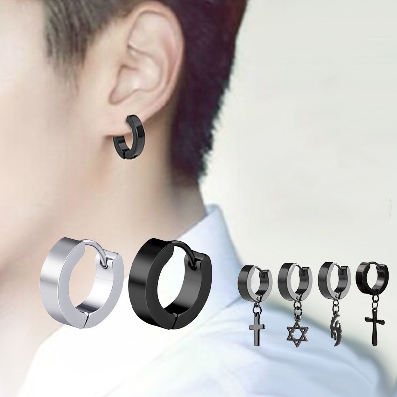 Anting Klip Magnet Tanpa Tindik Bahan Titanium Steel Warna Hitam Gaya Korea Untuk Pria Dan Wanita