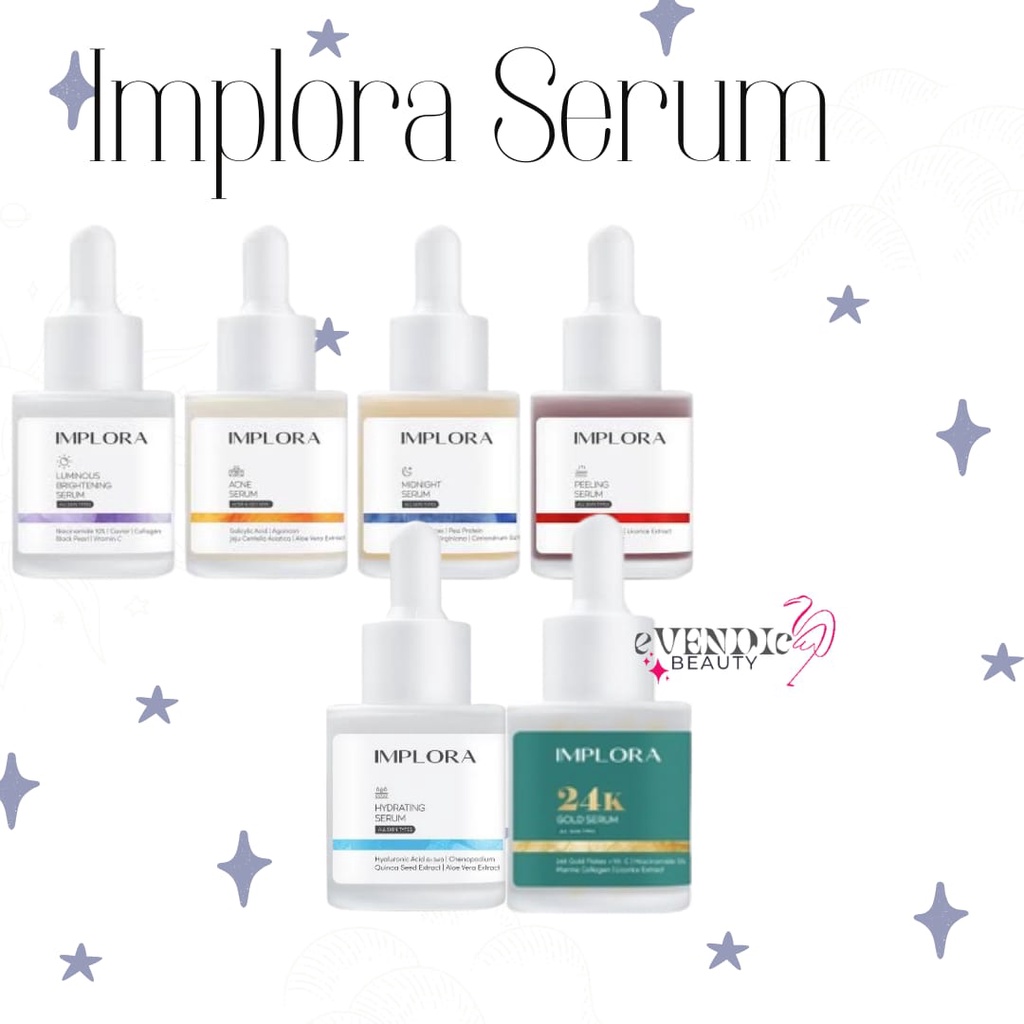 SERUM IMPLORA / IMPLORA FACE SERUM / IMPLORA SERUM WAJAH ORIGINAL PEELING LUMINOUS SCARLET ACNE MIDNIGHT HYDRATING GOLD EMAS 24K/ liporetinol retinol serum/ bakuchiol serum