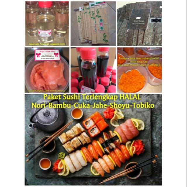 paket 6 bahan sushi nori rumput laut cuka shoyu kecap asin makisu jahe tobiko soy sauce