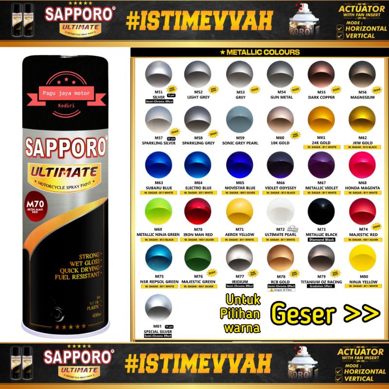 SAPPORO ULTIMATE 400ml SEMUA WARNA CAT SEMPROT SPRAY PAINT pilox pilok black hitam red merah white putih silver yellow kuning metalik metallic blue biru green hijau clear gloss glossy doff matte dull all colour