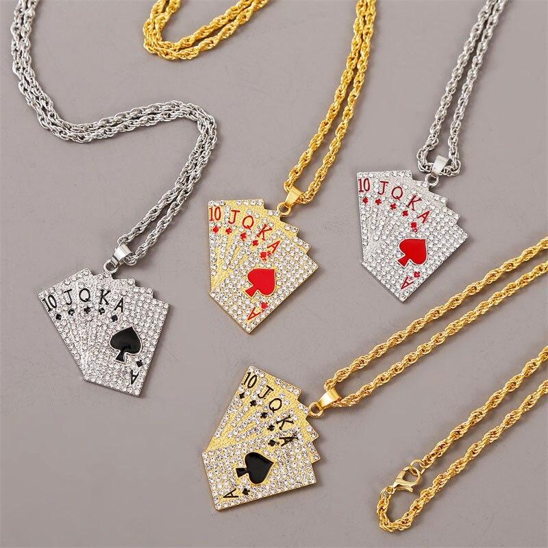 Perhiasan Kalung Liontin Kartu Bermain Warna Emas Perak Gaya Hip Hop Untuk Pria Dan Wanita