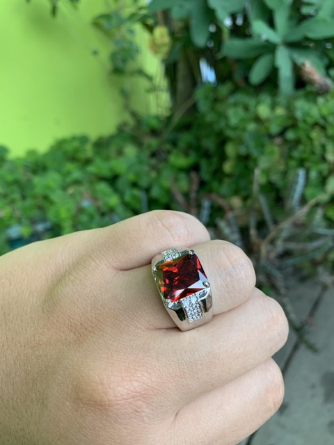 Cincin Pria Perak Red Ruby Merah Siam Minimalis Kantoran Mewah Elegan