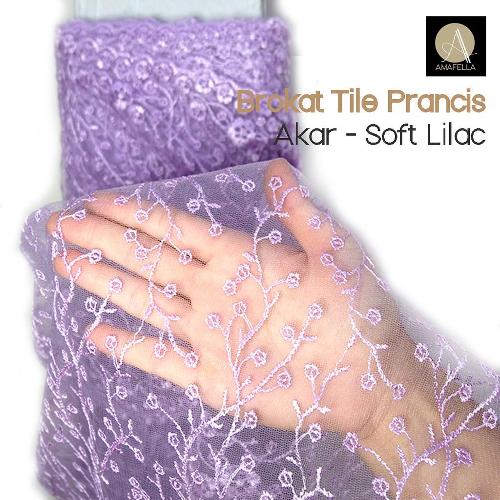 1/2 meter Kain Brokat Tile Prancis Bahan Kebaya Motif Akar Soft Lilac