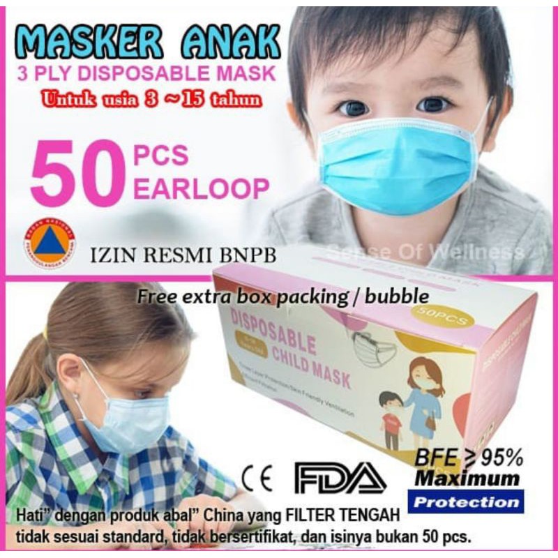 Masker Anak 3ply Earloop Disposable Surgical Mask - Masker Bedah Medis Anak