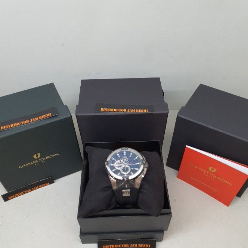 Jam Tangan Pria Charles Jourdan CJ1040-1332C Black Silver Rubber Black Cronograph
