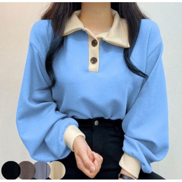 Sweater Wanita Collar Girl Sweater Kancing Polos Kerah Bahan Flecee