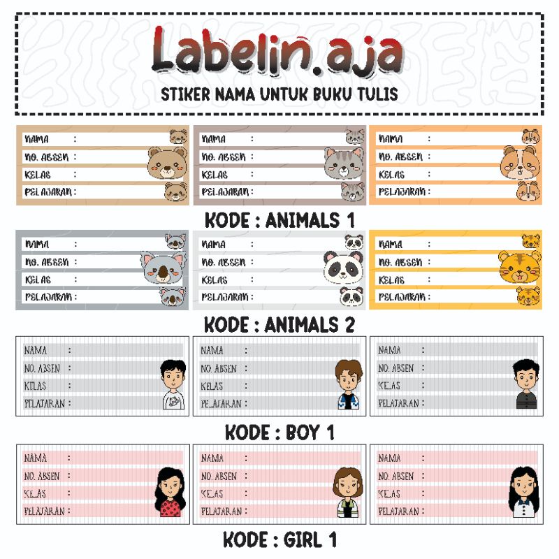 

STIKER NAMA UNTUK BUKU TULIS (CHARACTER), ISI 12 PCS, UKURAN 6,5 X 3 CM