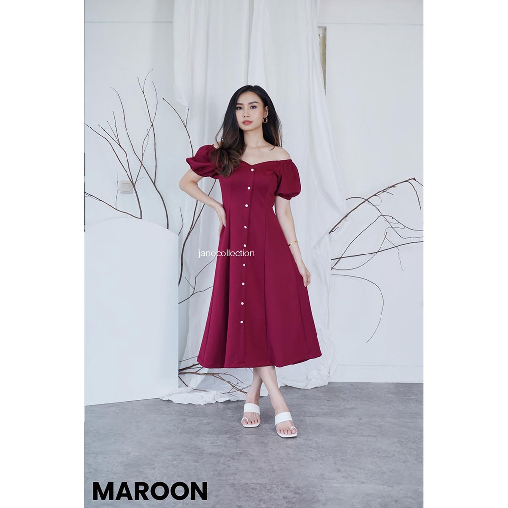 JANE COLLECTION || Maxi Dress Pesta Rok A Line Skirt Party Elegant Kancing Hidup Busui Friendly Baju Ibu Menyusui Lengan Balon / Lengan Pendek Karet Sabrina Baju Natal Christmas Imlek Chinese New Year Merah Maroon Hijau Emerald Hitam Putih Dress Brenda