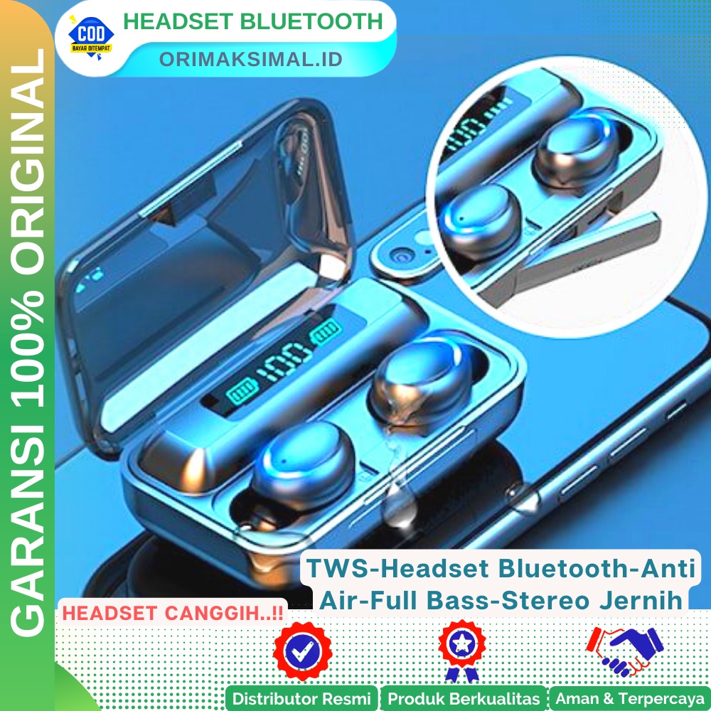Earphone Bluetooth Stereo Awet Tahan Air Headset Bluetooth TWS F9 Hedset Haedset Bluetooth 5.0