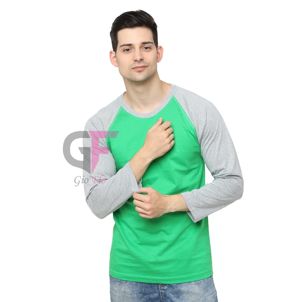 GIOFLO Tshirt Raglan Kaos Polos Pria Modis Hijau Fuji Lengan Abu / PLS 158