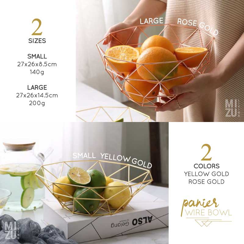 PANIER Wire Bowl Fruit Container Gold Baskom Buah Serbaguna Keranjang Dekorasi Kawat Bakul Jala Emas