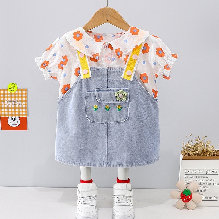 Baju Set 2pcs Overall Jeans ABEL Pakaian Anak Perempuan Balita Korean Style Import