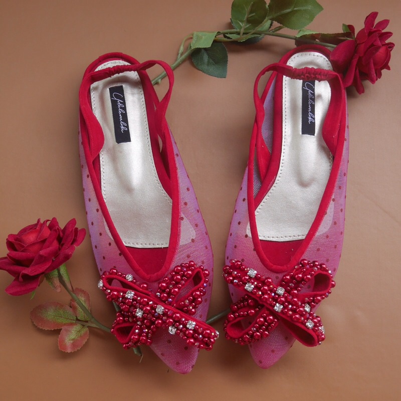 Udelevalda - Sepatu wedding sepatu payet merah red polkadot wedding heels size 35-42