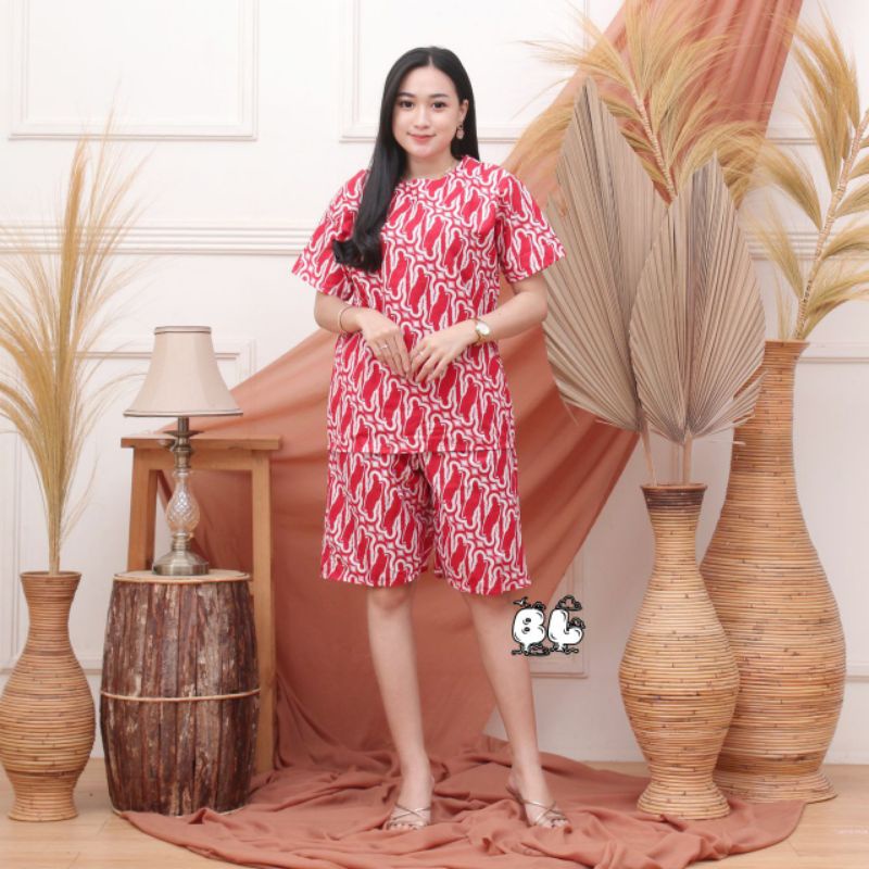 setelan kulot batik motif monochrome polkadot setelan wanita baju santai-C