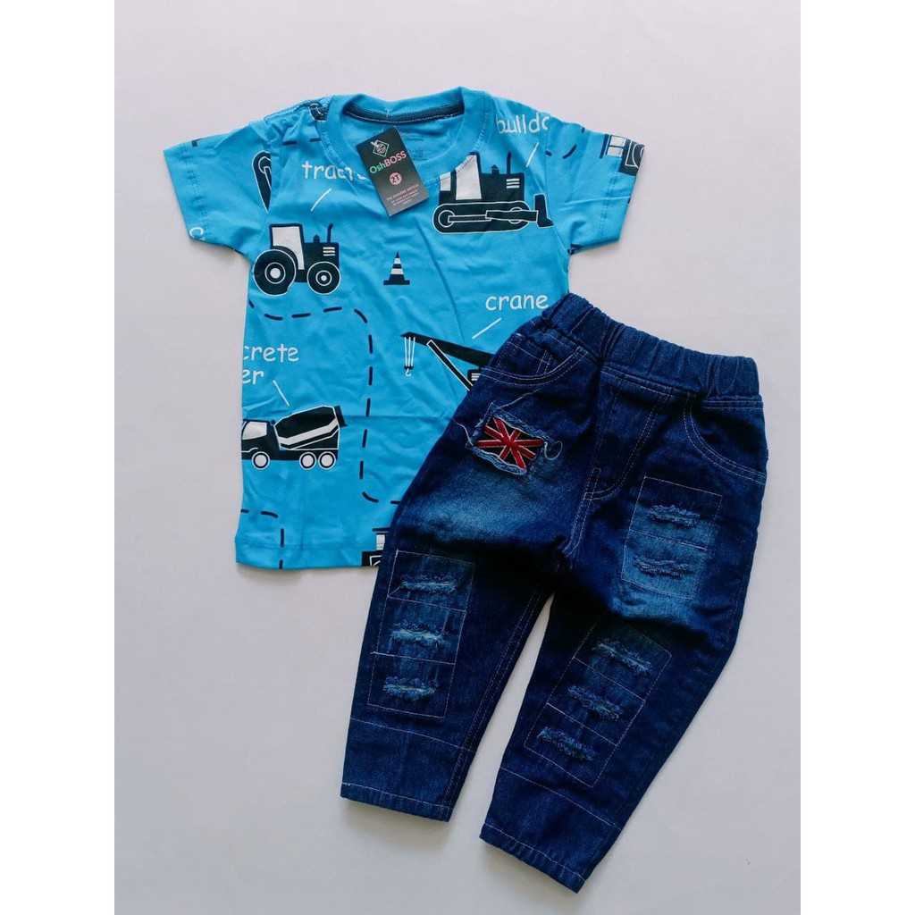 BAJU STELAN ANAK LAKI LAKI KAOS DISTRO DAN CELANA RIPPED BENDERA PPREMIUM OSHBOSS 1-CRANE BIRU