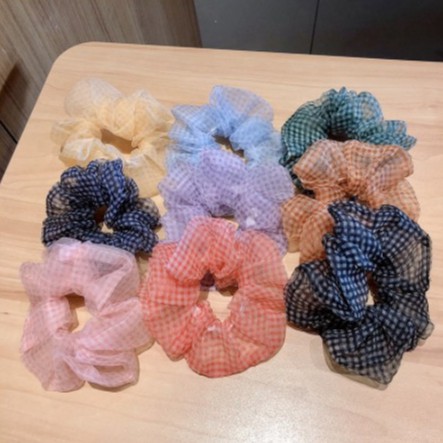 SCRUNCHIE SIFON KOREA PREMIUM JUMBO - DAISY PLAID KOTAK - Ikat Rambut - Mesh Scrunchie Transparan