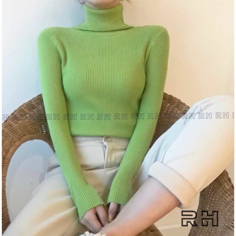baju rajut kerah tinggi turtleneck salur by RHcollections sweater long neck wanita leher panjang