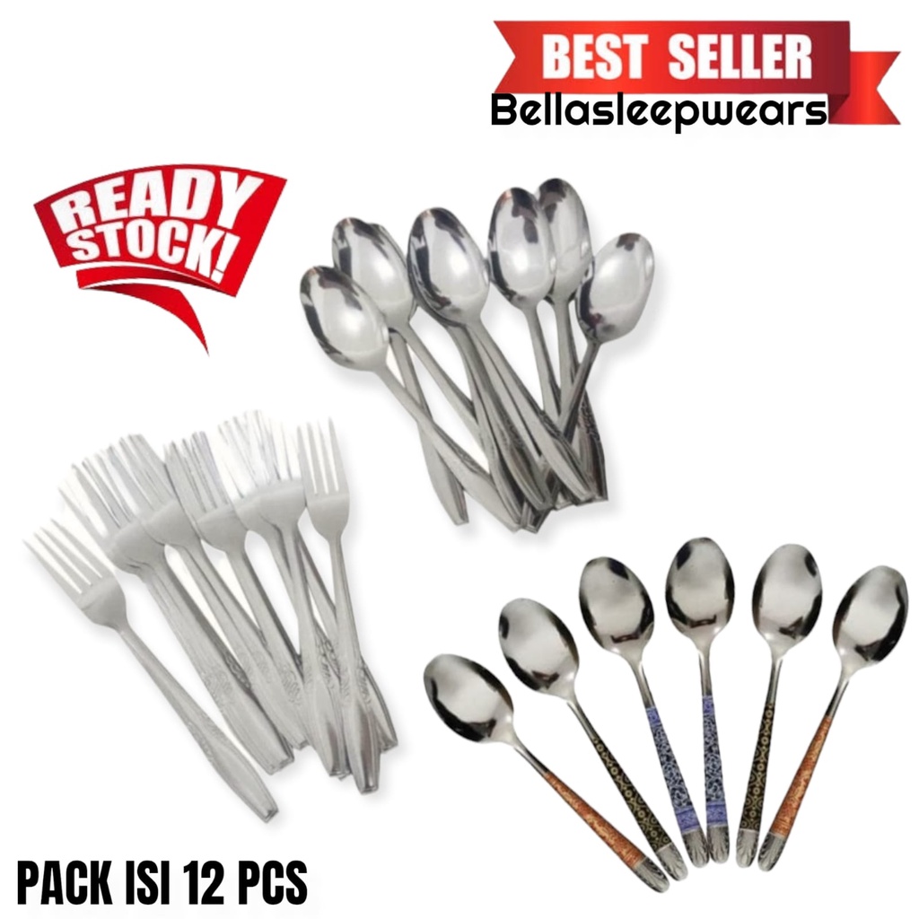 BELLA - PER 12 PCS SENDOK GARPU MAKAN STAINLESS POLOS | BATIK TEBAL KUAT