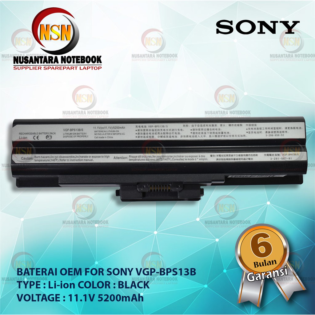 Baterai OEM For Sony VGP - BPS13 VGP-BPS13 B Black 11.1V 5200mAh