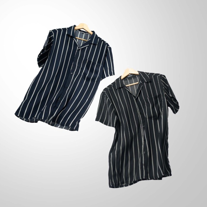 Kemeja pria RIBSGOLD Shirt Man Bowling / Kemeja Salur Belang Pria - Tanya stok dulu, M lengan pendek
