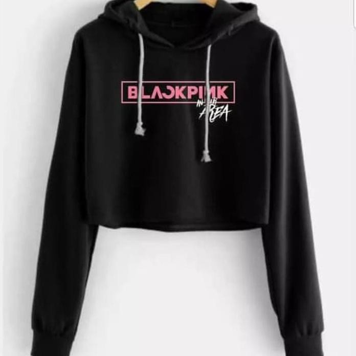 SWEATER HOODIE CROP BLACKPINK HITAM BERKWALITAS
