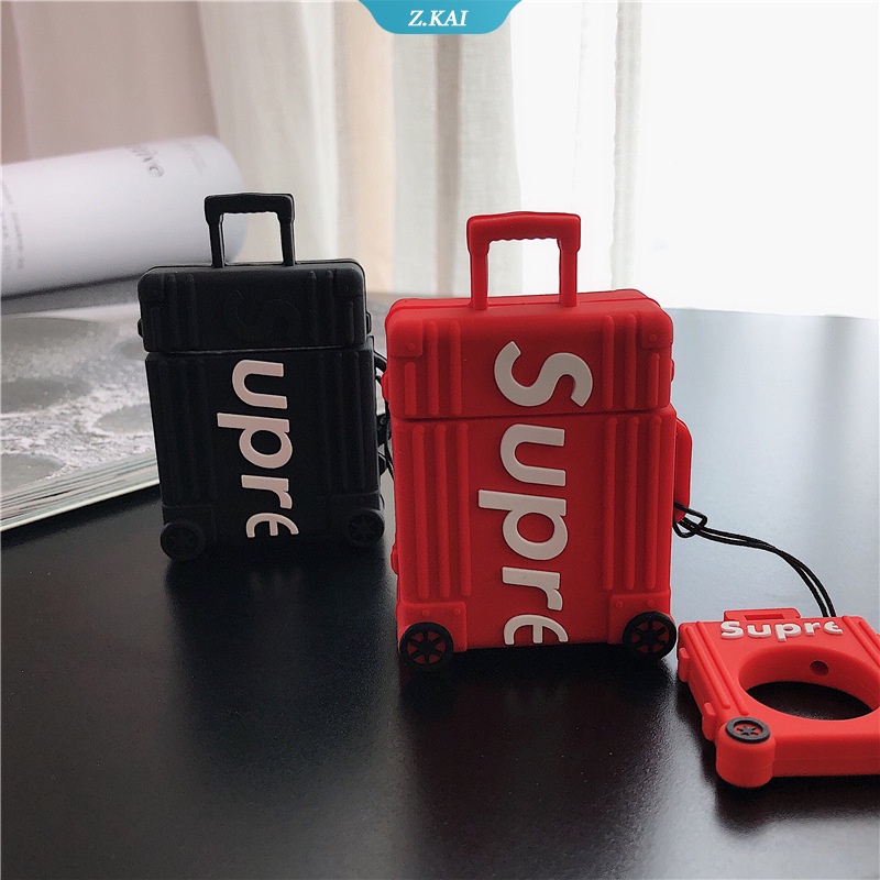 Case Silikon Bentuk Koper Desain Supreme Dengan Gantungan Kunci Untuk AirPods 1 2 3 Pro