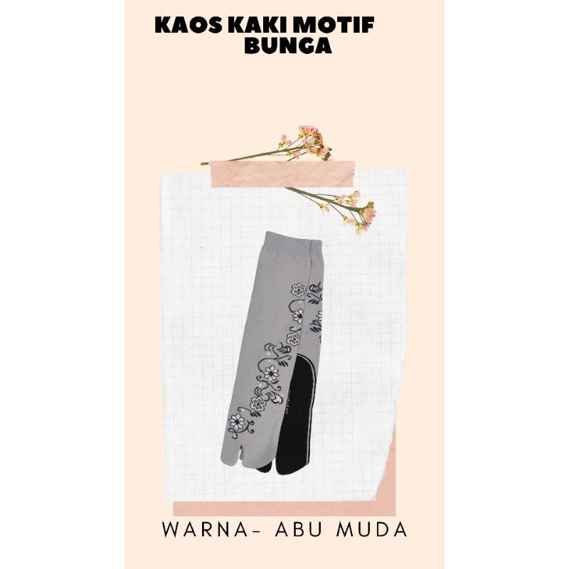 KAOS KAKI JEMPOL NYLON MOTIF BUNGA MUSLIMAH DEWASA TAPAK HITAM-Bunga Abu muda