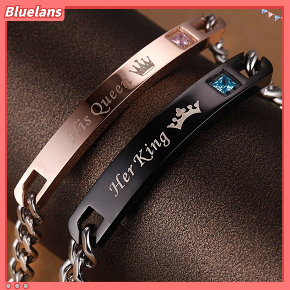 Gelang Pasangan Bahan Titanium Steel Motif Tulisan Her Beast King His Beauty Queen