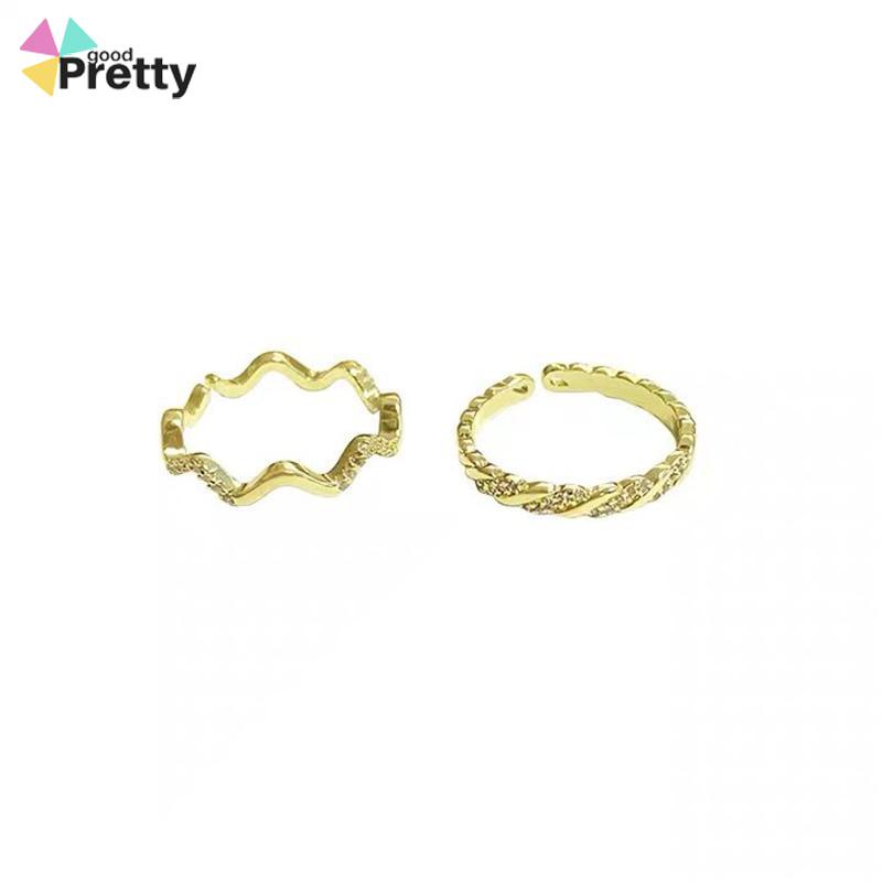 2 PCS Cahaya Mewah Wanita High-end Super Indah Bergaris Gelombang Cincin Pembukaan Temperamen - PD