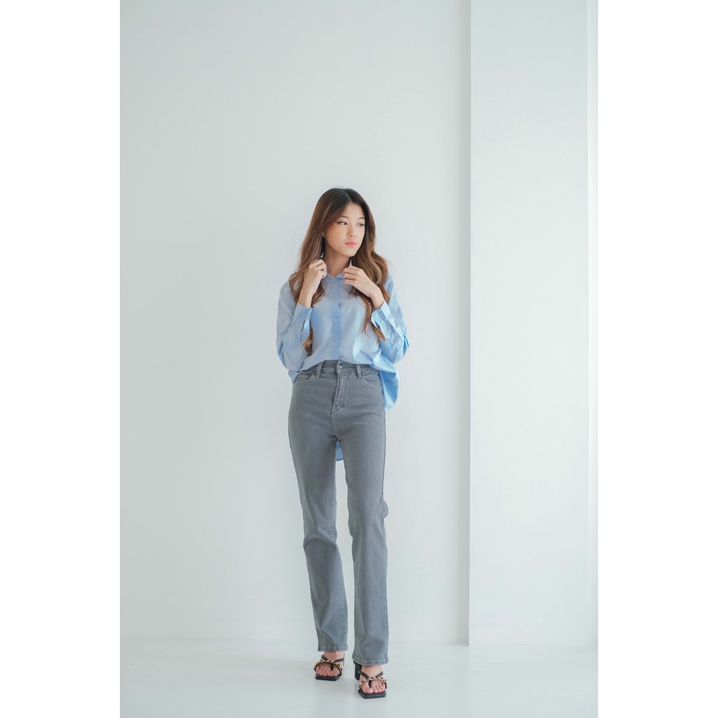 Gaia Pants Straight fit Grey - Celana Jeans Highwaist Wanita Loose Basic Jeans strech