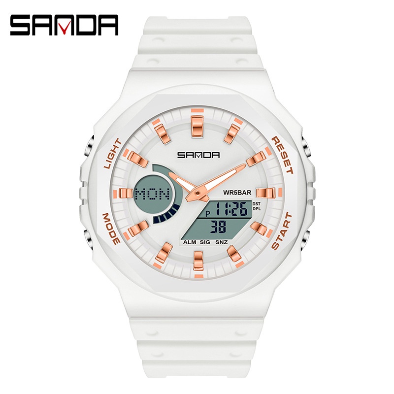 SANDA 6016 Jam Tangan Pria Wanita Digital Sport EL Backlight Tali Rubber Anti Air-Putih Rosegold