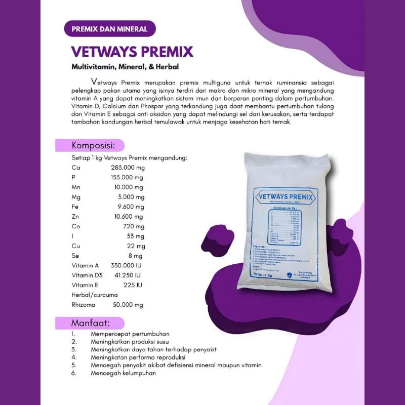 VETWAYS PREMIX 25 KG | Vitamin Mineral &amp; Herbal Penggemuk Untuk Ternak Sapi Kambing Kerbau Kuda | Apoternak