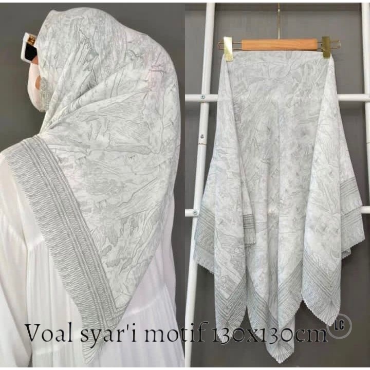 Voal motif Jumbo/ Voal motif syar'i /Voal Motif size 130x130  Jilbab Syar'i Motif Kerudung Syari hijab casual cantik lasercut kerudung segiempat voal premium-Putih