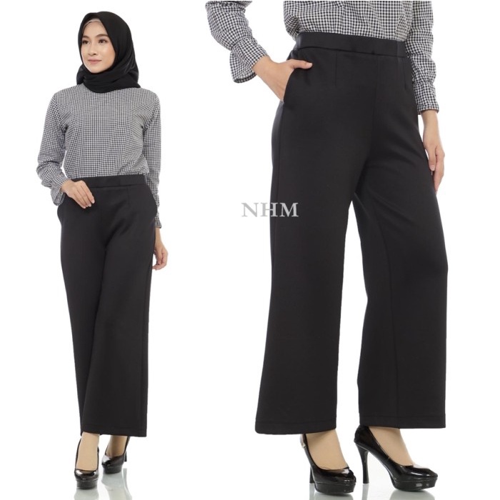 Celana kulot SCUBA  HITAM jumbo crinkle FASHION terbaru H9F7 Kulot Polos   linen Resleting Kancing 7