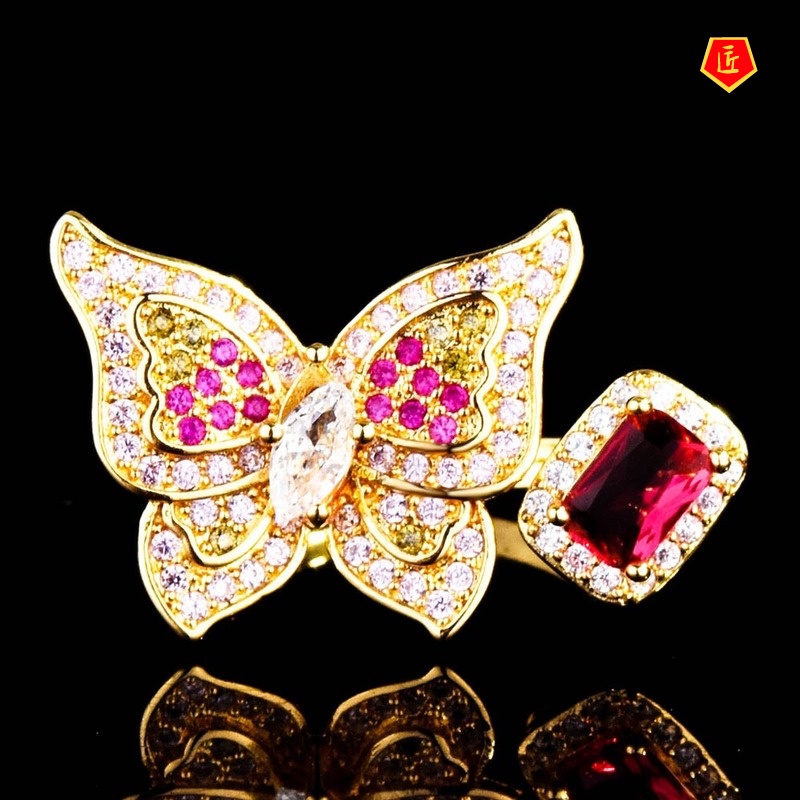 [Ready Stock]Natural Ruby Butterfly Ring 18K Gold Full Diamond